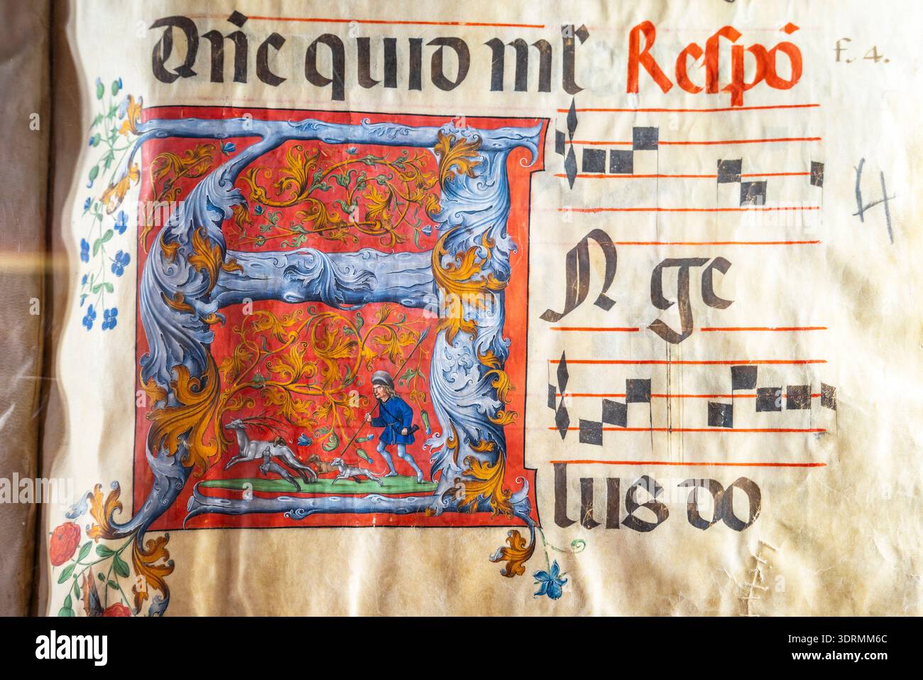 Iniziale alla miniatura, matutinarium, inchiostro e tempera su pergamena, circa 1504, scriptorium del monastero di Santa Engracia, Huesca D. Foto Stock