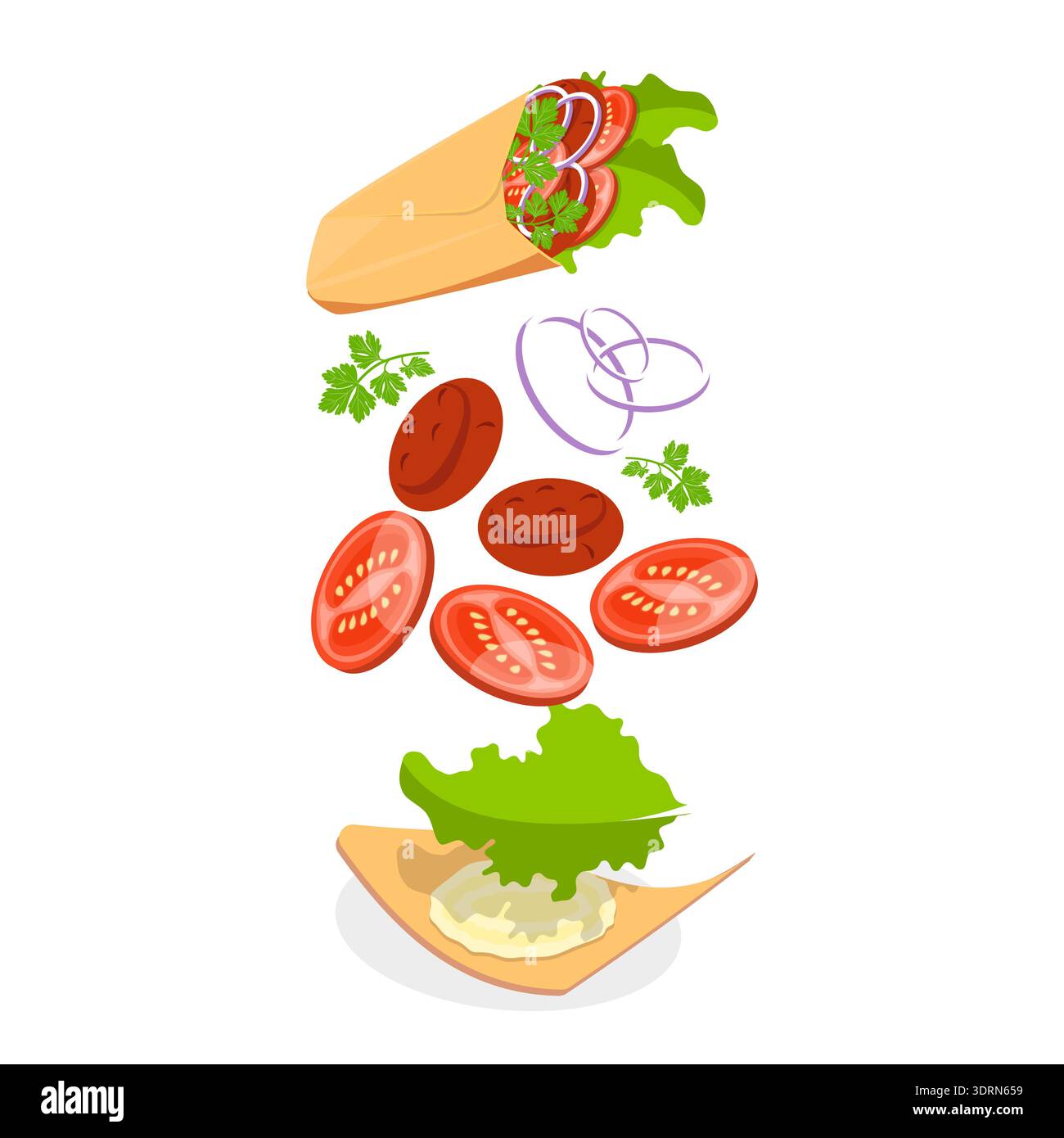 Set vettoriale piatto isometrico 3D di shawarmas Foto Stock