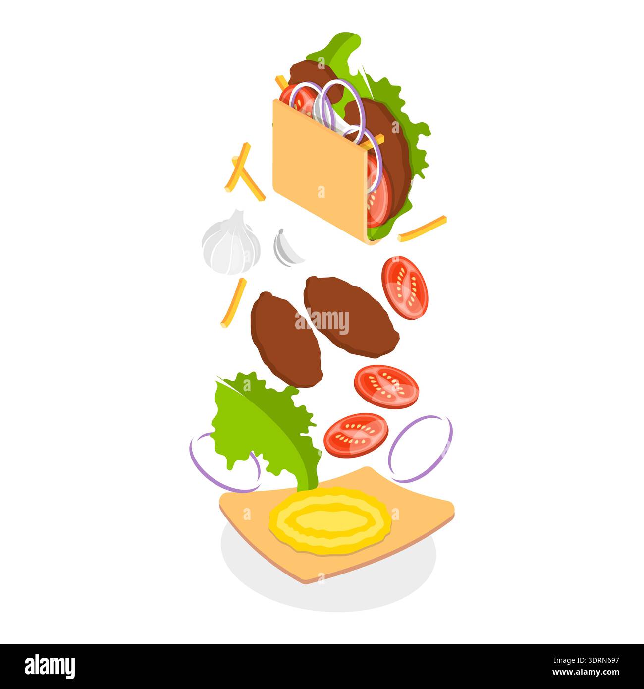 Set vettoriale piatto isometrico 3D di shawarmas Foto Stock