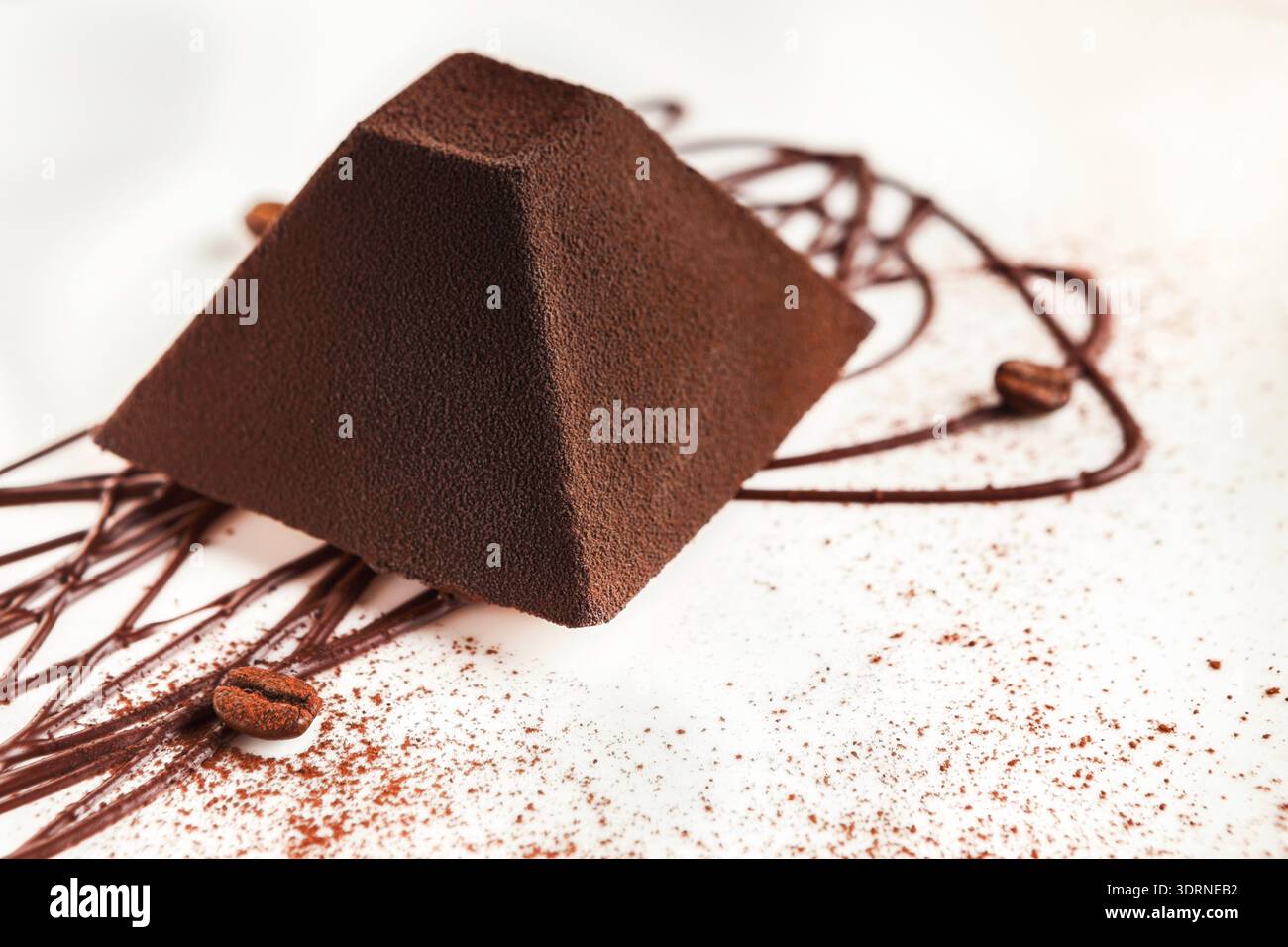 Struttura di cioccolato con chicchi di caffè e Cocoa Art su una superficie bianca in un ambiente creativo Foto Stock