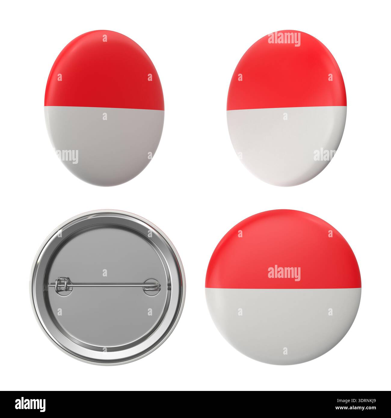 Set di badge Indonesia con design rosso e bianco a spilla per bottoni Foto Stock