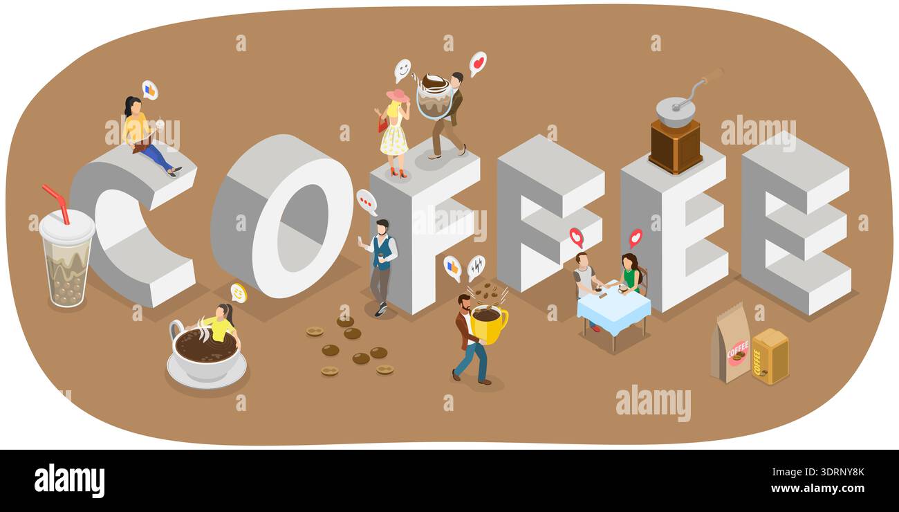 Illustrazione piatta isometrica 3D degli amanti del caffè, ricaricati con Una tazza Foto Stock