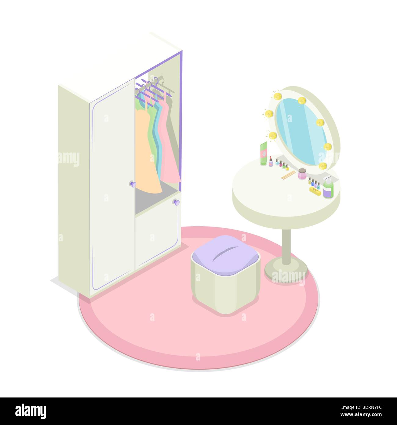 Illustrazione piatta isometrica 3D di Home Organization, Modern Interior Design dell'armadio e della cabina armadio Foto Stock