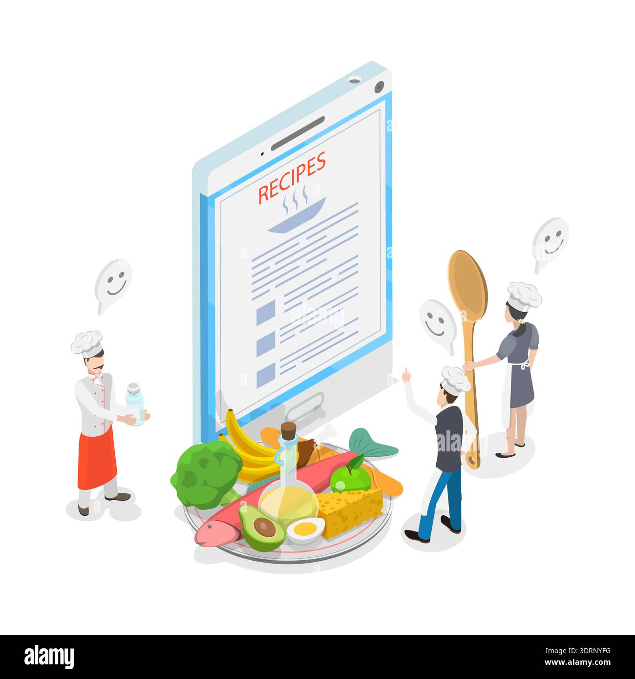 Illustrazione piatta isometrica 3D del sito Web del processo di cottura, raccolta di ricette online Foto Stock