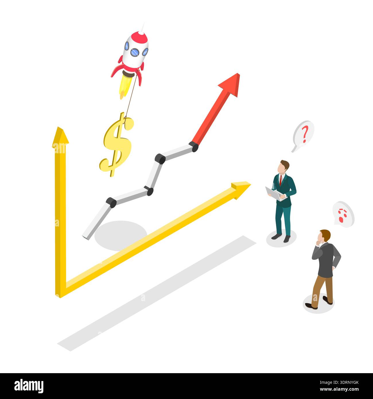 Illustrazione piatta isometrica 3D di aumento dei ricavi, aumento del dollaro americano, aumento dei tassi di interesse e tasso di cambio che hanno portato alla crescita dell'economia Foto Stock