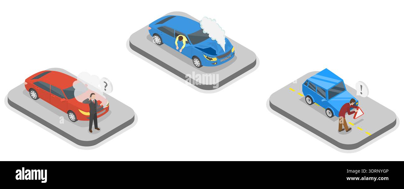 Illustrazione del vettore piatto isometrico 3D di un incidente automobilistico Foto Stock