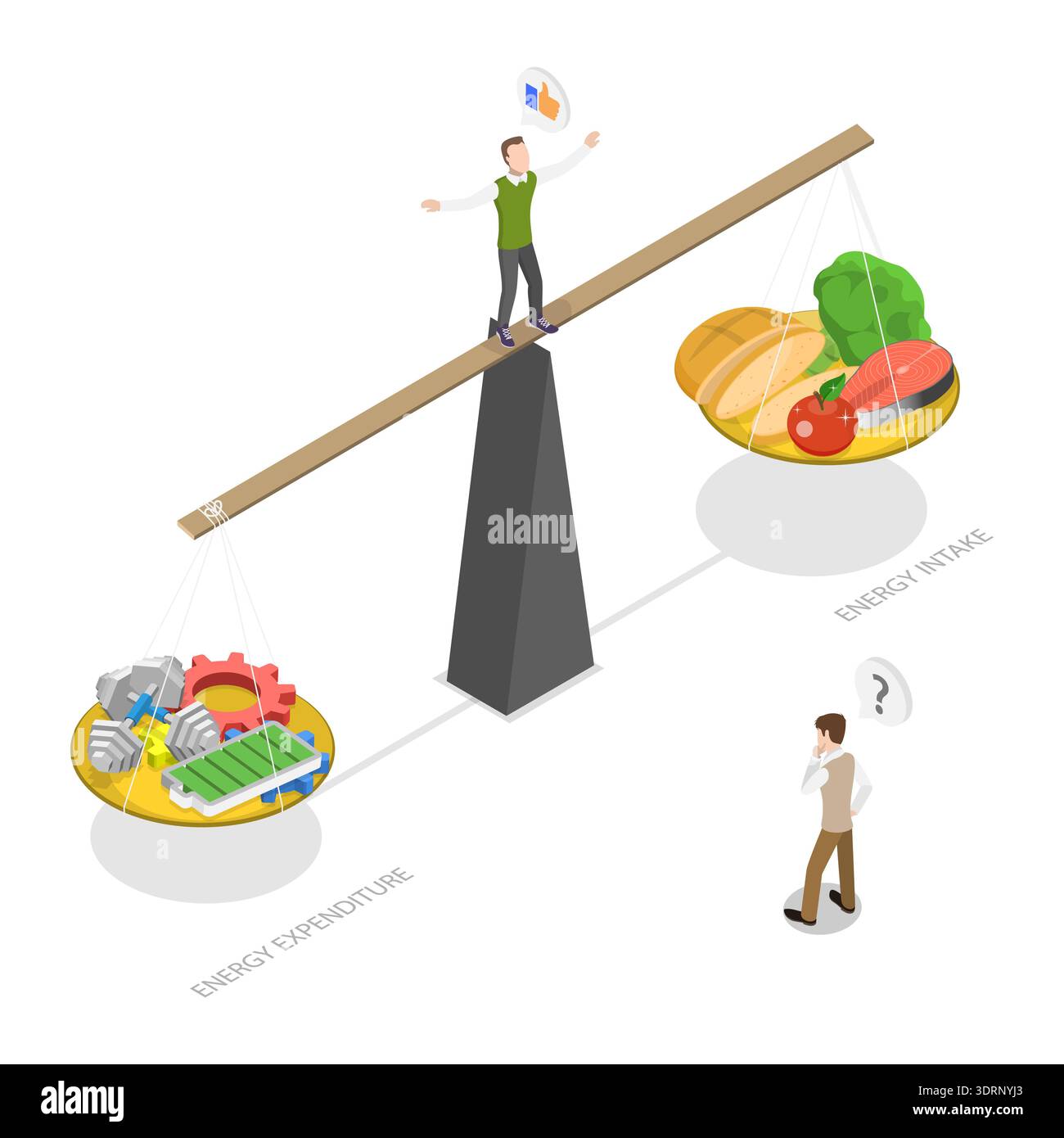 Illustrazione piatta isometrica 3D del controllo dell'assunzione di cibo, illustrazione del diagramma del bilancio energetico attraverso l'assunzione e la spesa di calorie giornaliere Foto Stock