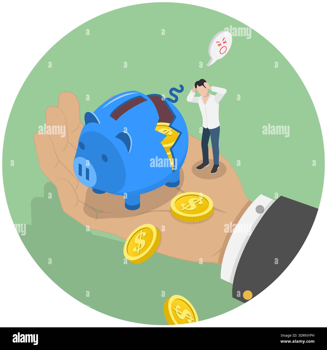 Illustrazione del vettore piatto isometrico 3D di Broken Piggy Bank Foto Stock