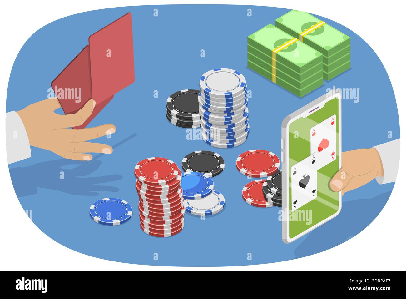 Illustrazione piatta isometrica 3D del gioco d'azzardo, poker online, con la mano che tiene due assi circondati da chip Foto Stock