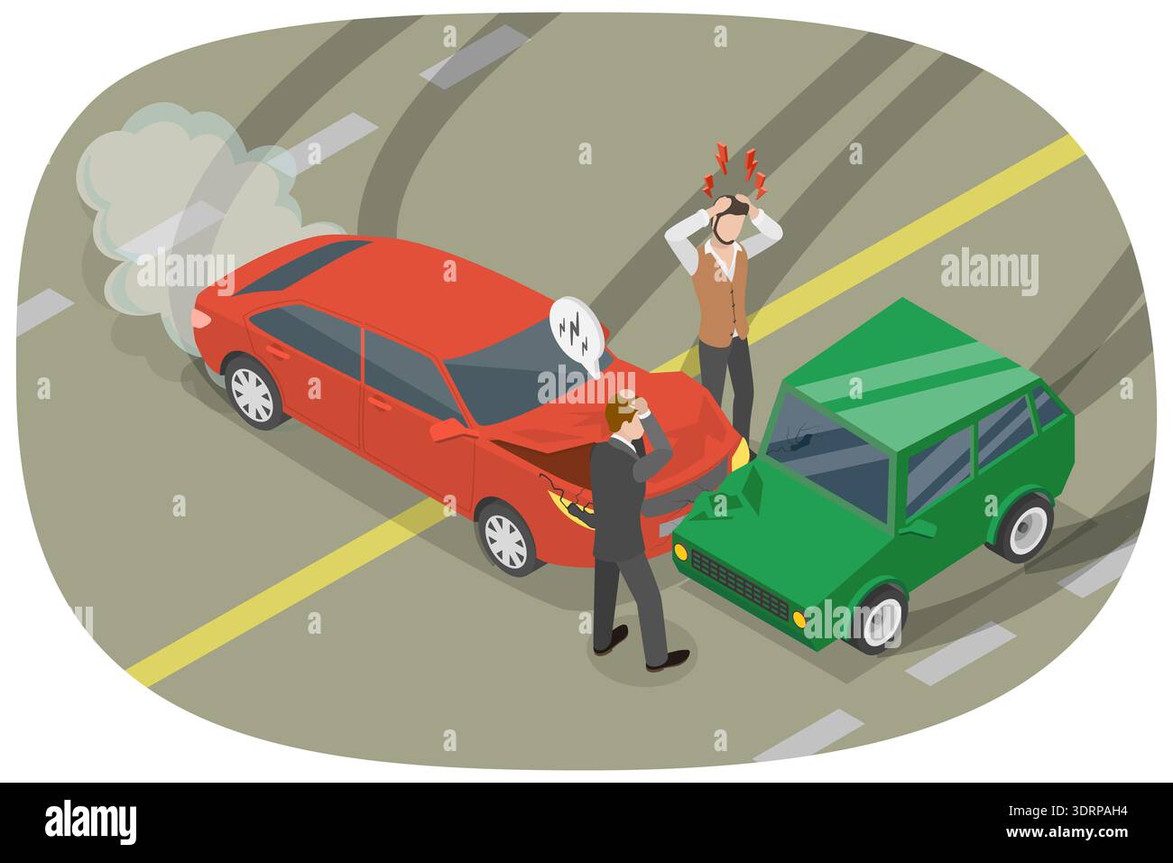 Illustrazione piatta isometrica 3D di incidente d'auto, collisione con due auto Foto Stock