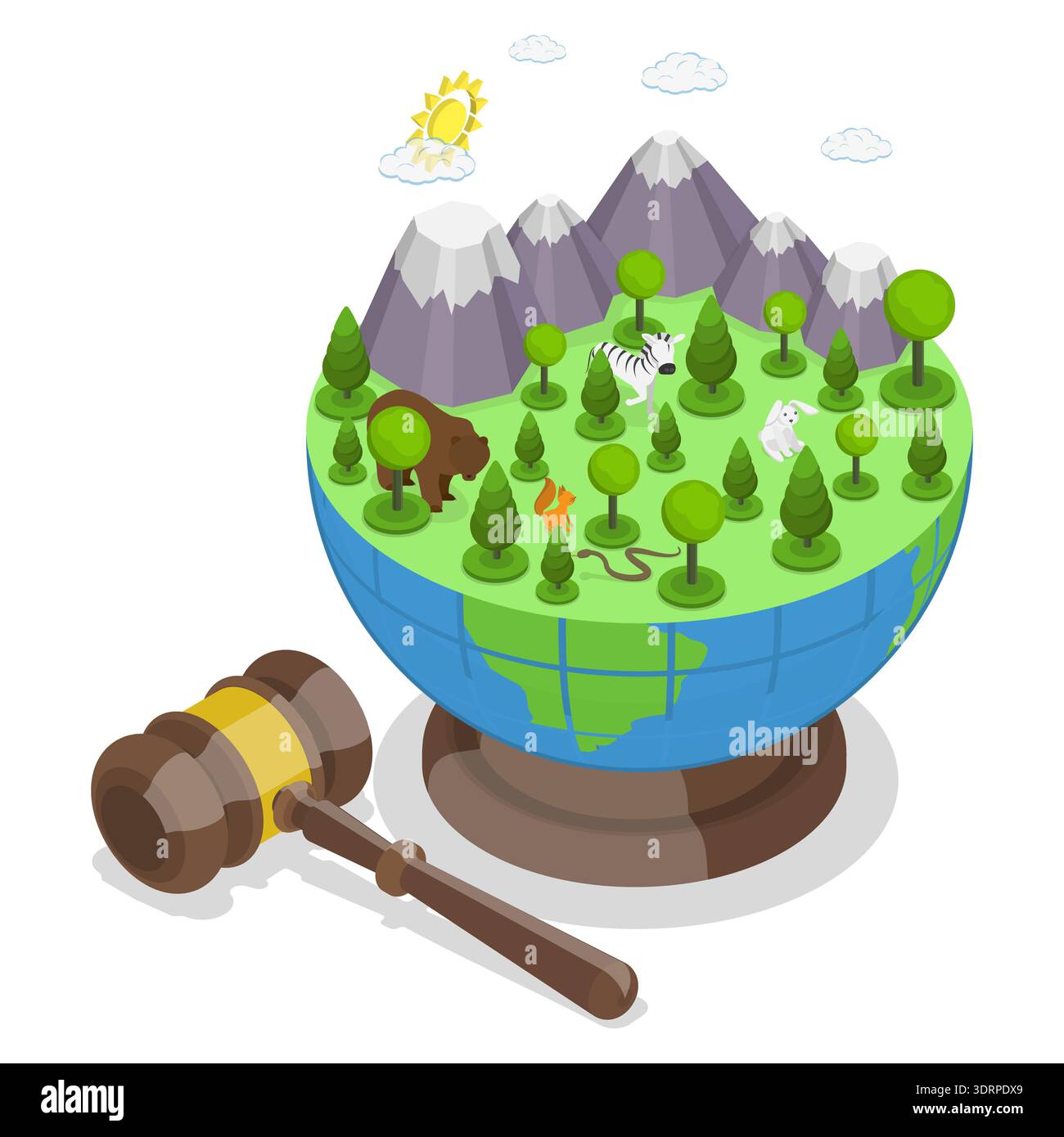 Illustrazione piatta isometrica 3D di Climate Justice, Global Warming, Earths Changing Climate. Foto Stock