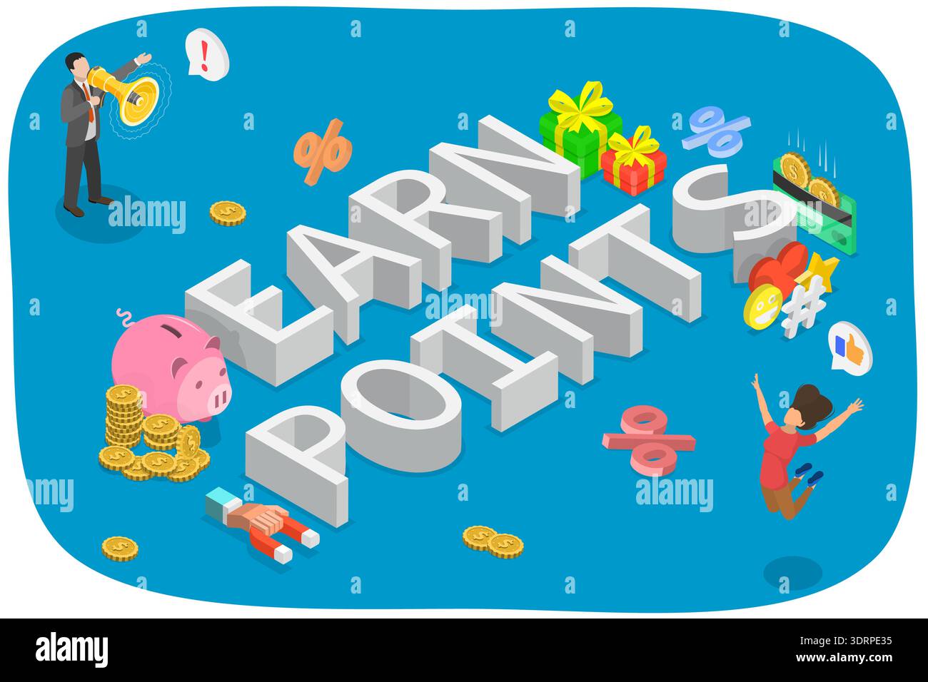 Illustrazione del vettore piatto isometrico 3D del programma fedeltà alle attrattive del cliente Foto Stock