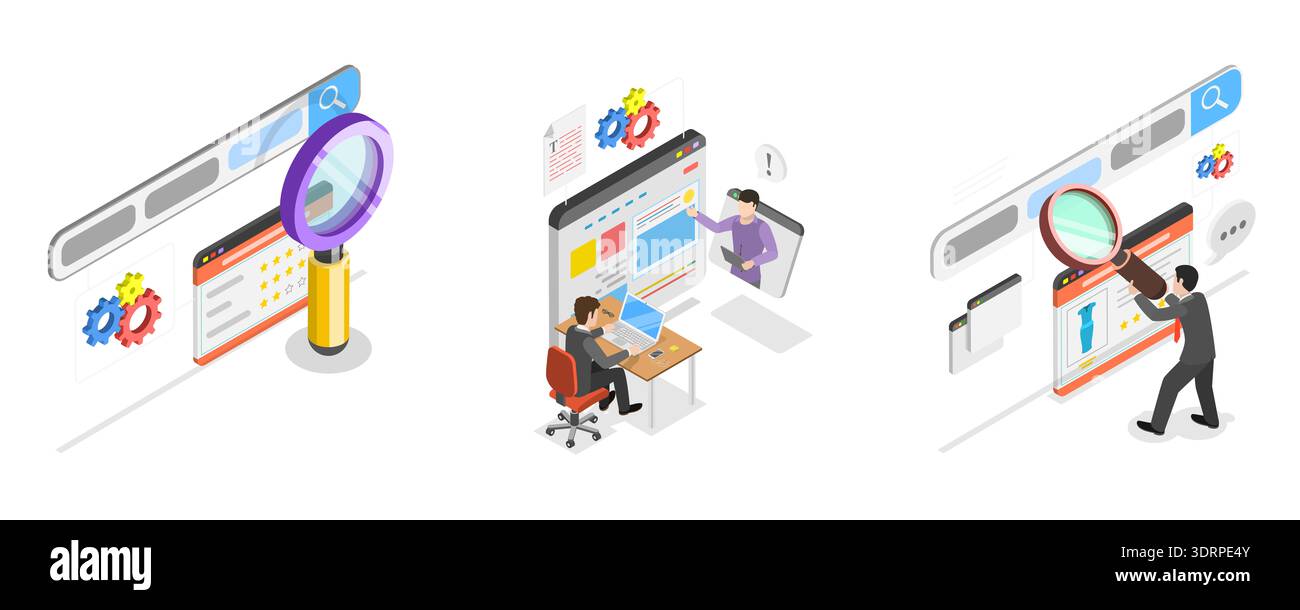 Illustrazione piatta isometrica 3D di targeting e prestazioni SEO, servizi di ricerca sulle parole chiave Foto Stock
