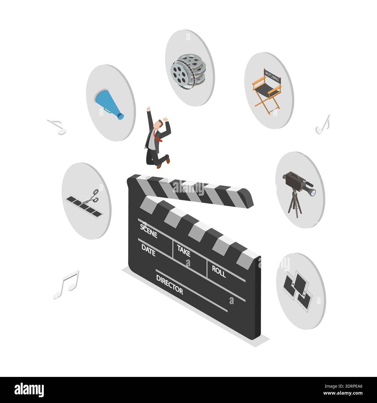 Illustrazione vettoriale piatto isometrico 3D di elementi cinematografici o cinematografici Foto Stock