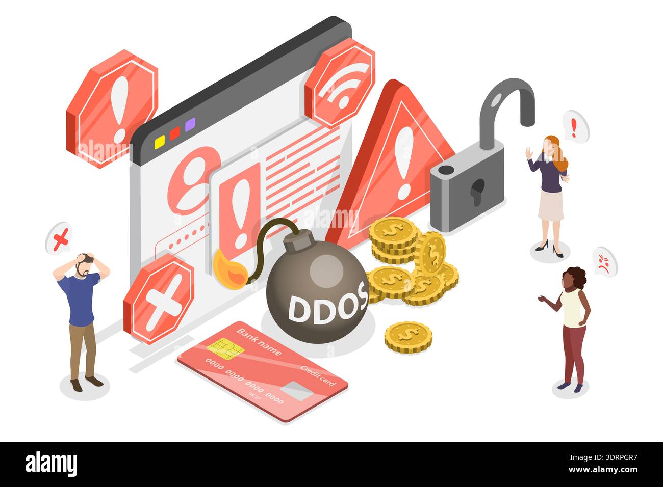 Illustrazione piatta isometrica 3D di frode online, rischi di criminalità informatica, furto di dati personali, phishing, malware, attacchi DDOS Foto Stock