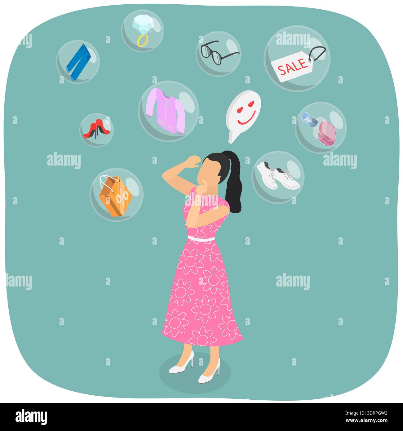 Illustrazione del vettore piatto isometrico 3D dello shopaholic Foto Stock