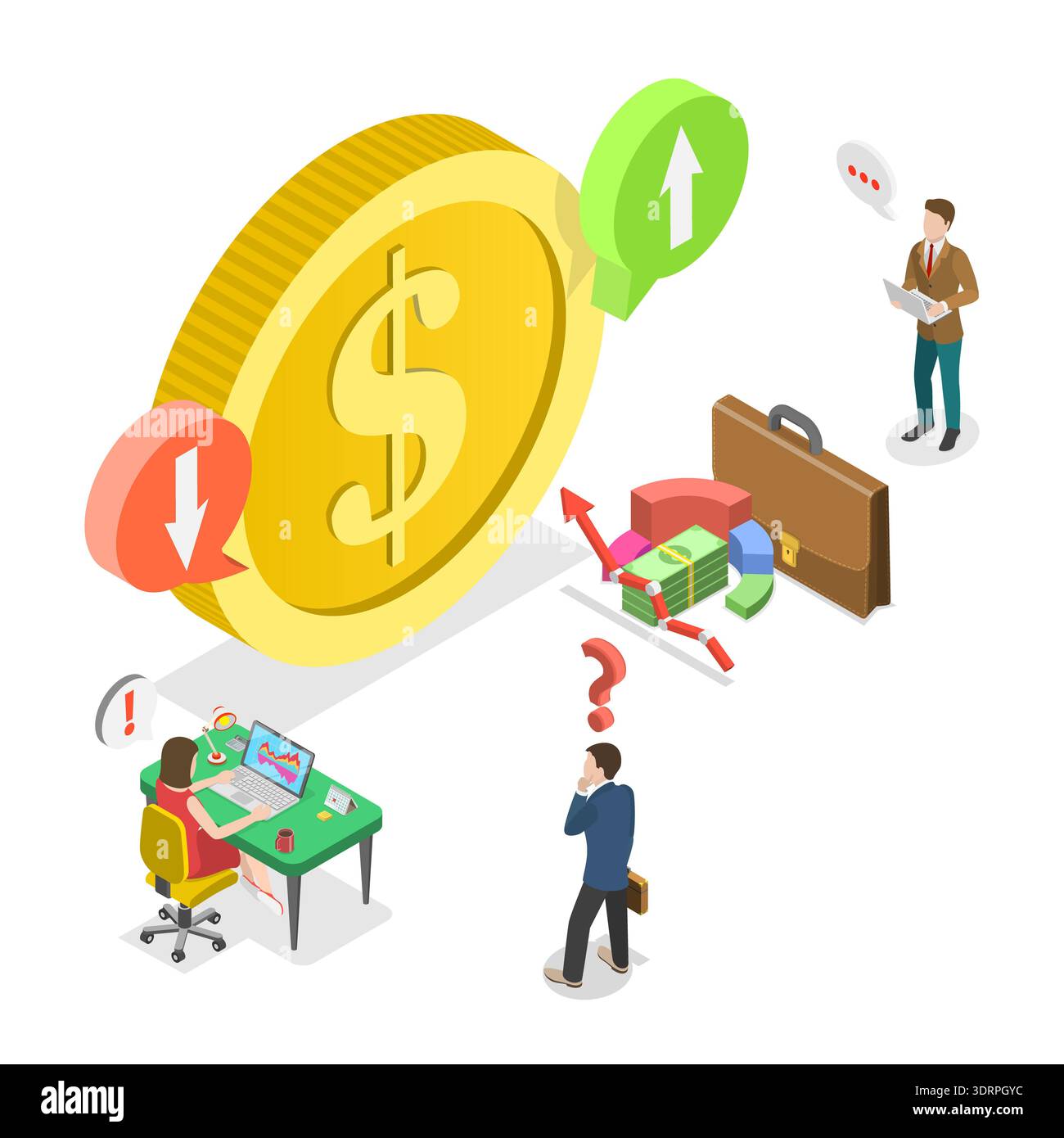 Illustrazione del vettore piatto isometrico 3D del costo del dollaro Foto Stock