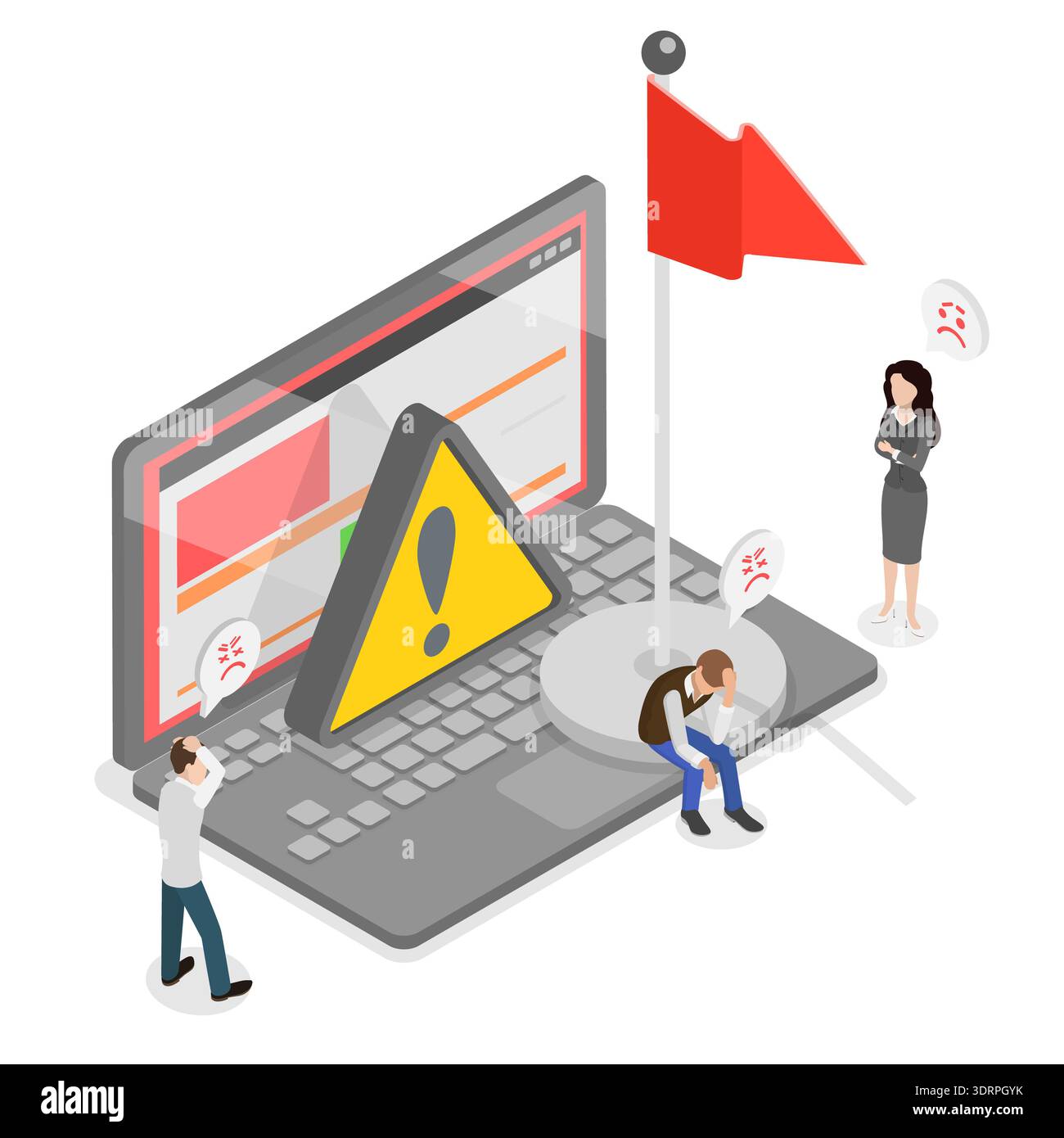 Illustrazione piatta isometrica 3D dell'allarme Red Flag, metafora dell'avvertimento contro le minacce Foto Stock