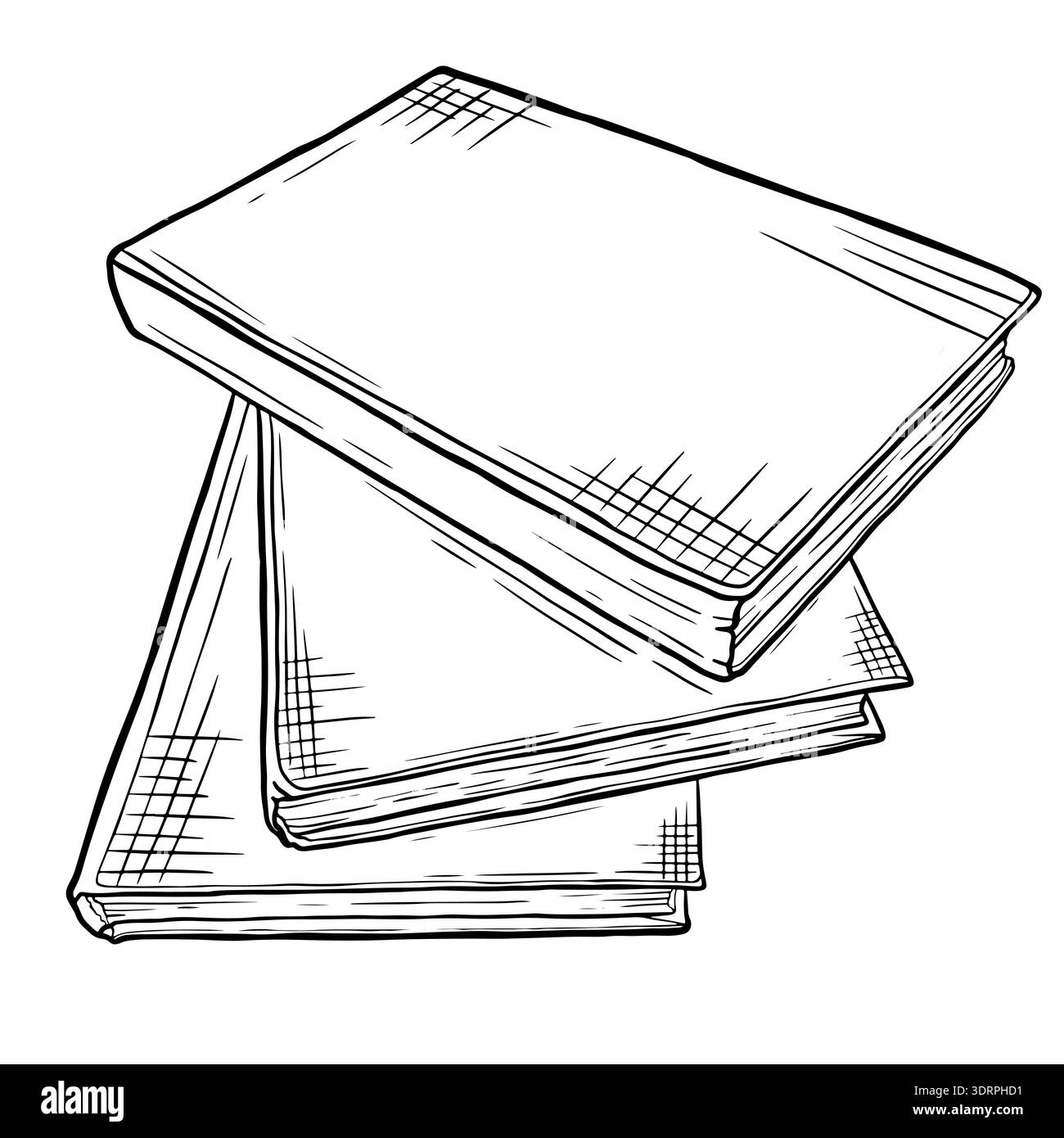 Illustrazione in bianco e nero di tre libri in copertina rigida impilati con disegni dettagliati su uno sfondo semplice, che enfatizzano i temi letterari classici. Illustrazione Vettoriale