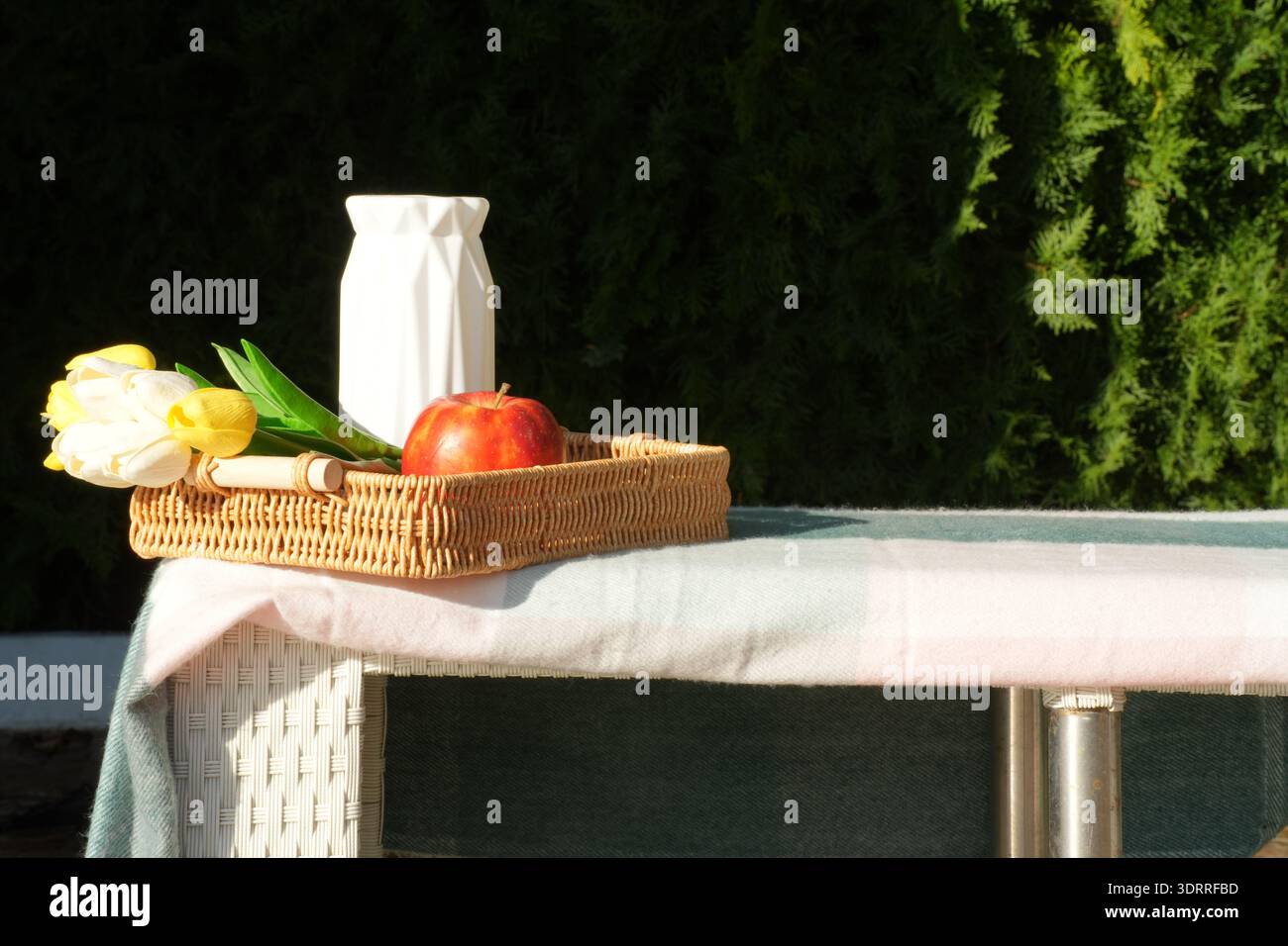 Vassoio in vimini illuminato dal sole con tulipani, vaso di mela e ceramica che riflette il revival del cottagecore, un'estetica di luce naturale e un'atmosfera da fattoria a tavola Foto Stock