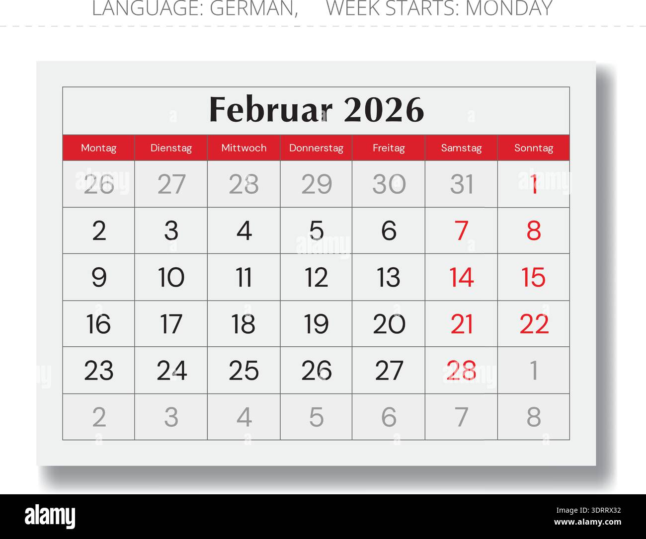 2026 disposizione del calendario tedesco di febbraio – Kalender February. Pagina cartacea mensile vettoriale per la Germania Illustrazione Vettoriale