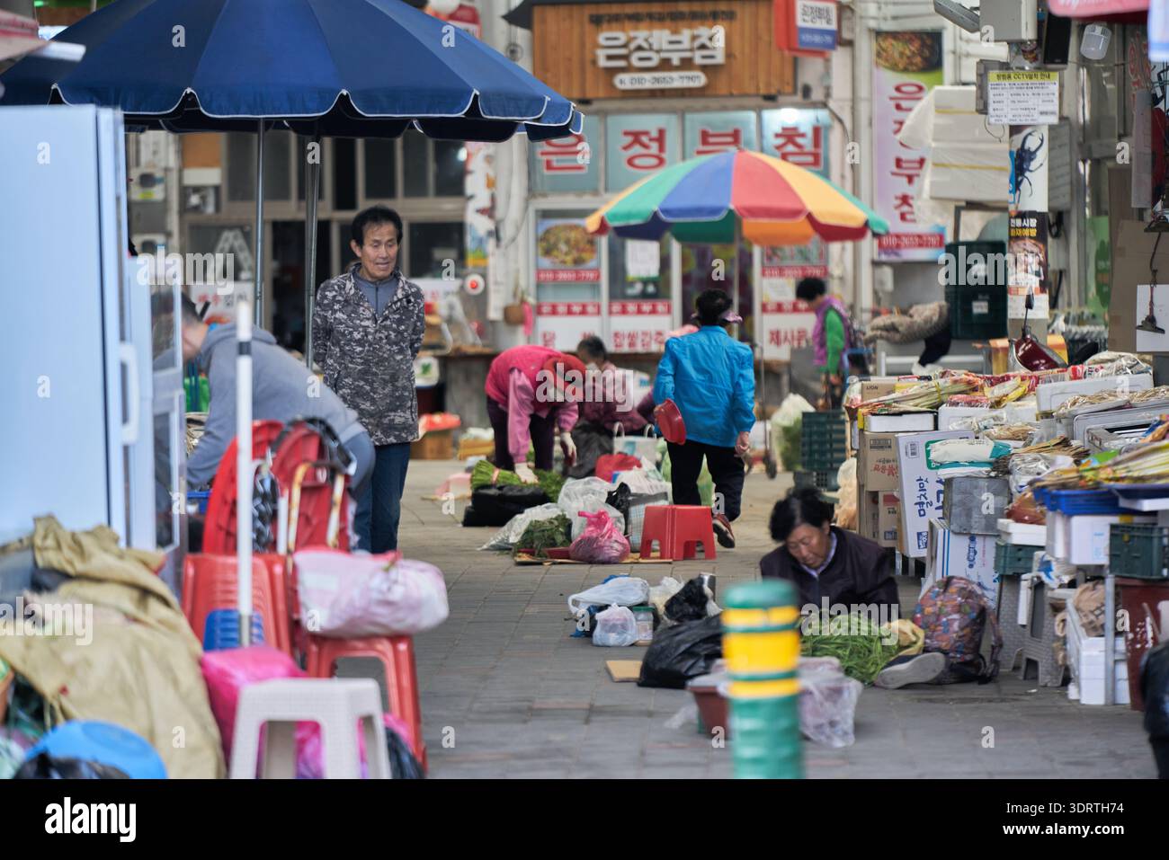 Mercato di 5 giorni di Yecheon a fine primavera, Corea del Sud. I venditori vendono cipolle fresche, verdure di stagione e torte di riso fatte a mano alla gente del posto. Foto Stock
