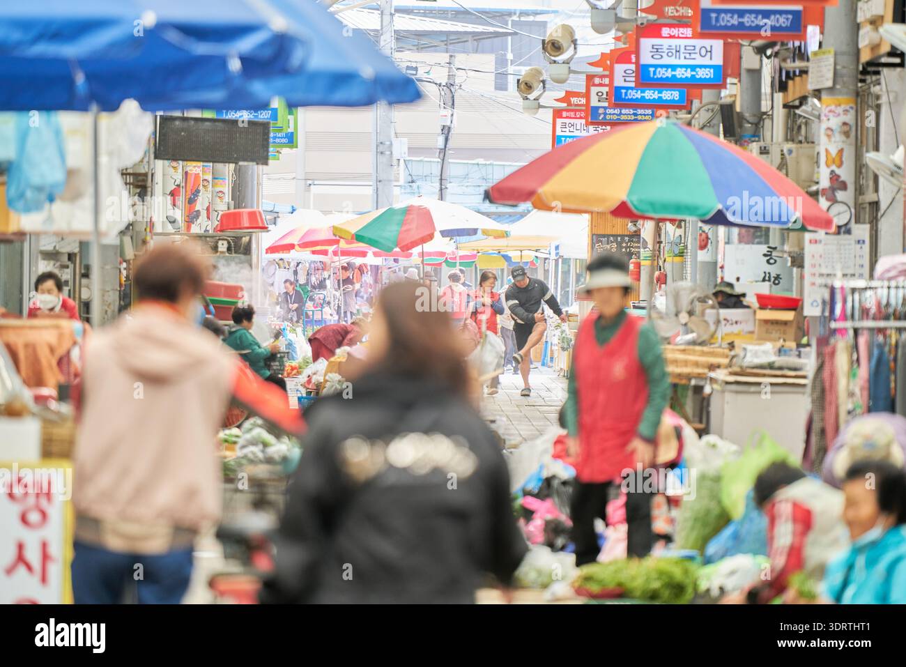 Mercato di 5 giorni di Yecheon a fine primavera, Corea del Sud. I venditori vendono cipolle fresche, verdure di stagione e torte di riso fatte a mano alla gente del posto. Foto Stock