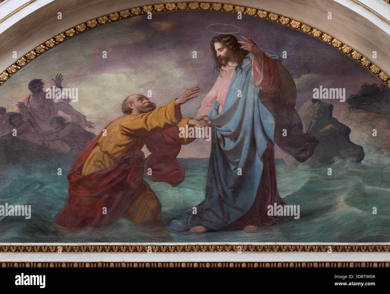VIGEVANO, ITALIA - 18 GENNAIO 2026: L'affresco di Pietro, camminando sull'acqua verso Gesù la Cattedrale di Sant'Ambrogio di Mauro Conconi (1840). Foto Stock