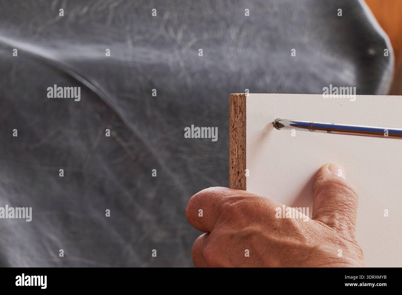 Avvitare manualmente una vite in un pannello truciolato bianco con un cacciavite Foto Stock