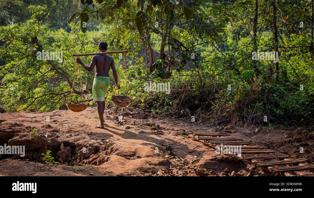 Uomo che raccoglie sabbia da un fiume, Orissa, India Foto Stock