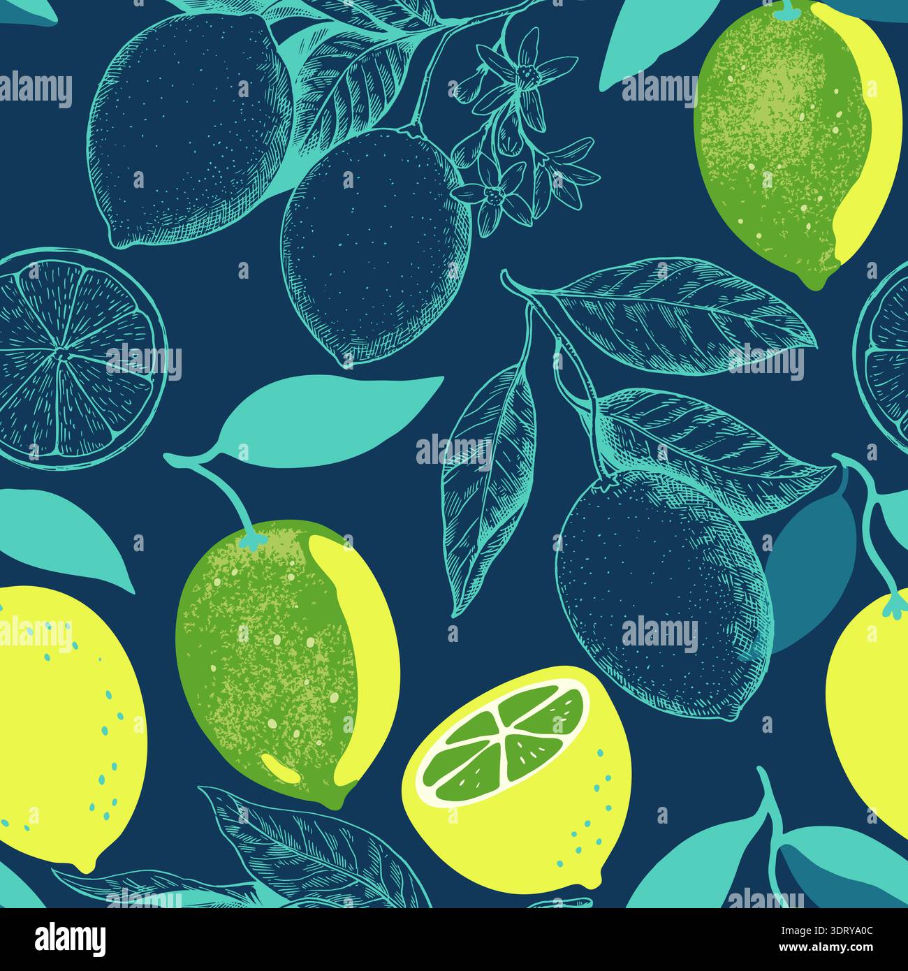 Motivo senza cuciture con frutti e rami di limone. Illustrazione vettoriale in stile contemporaneo e audace disegnato a mano. Illustrazione Vettoriale