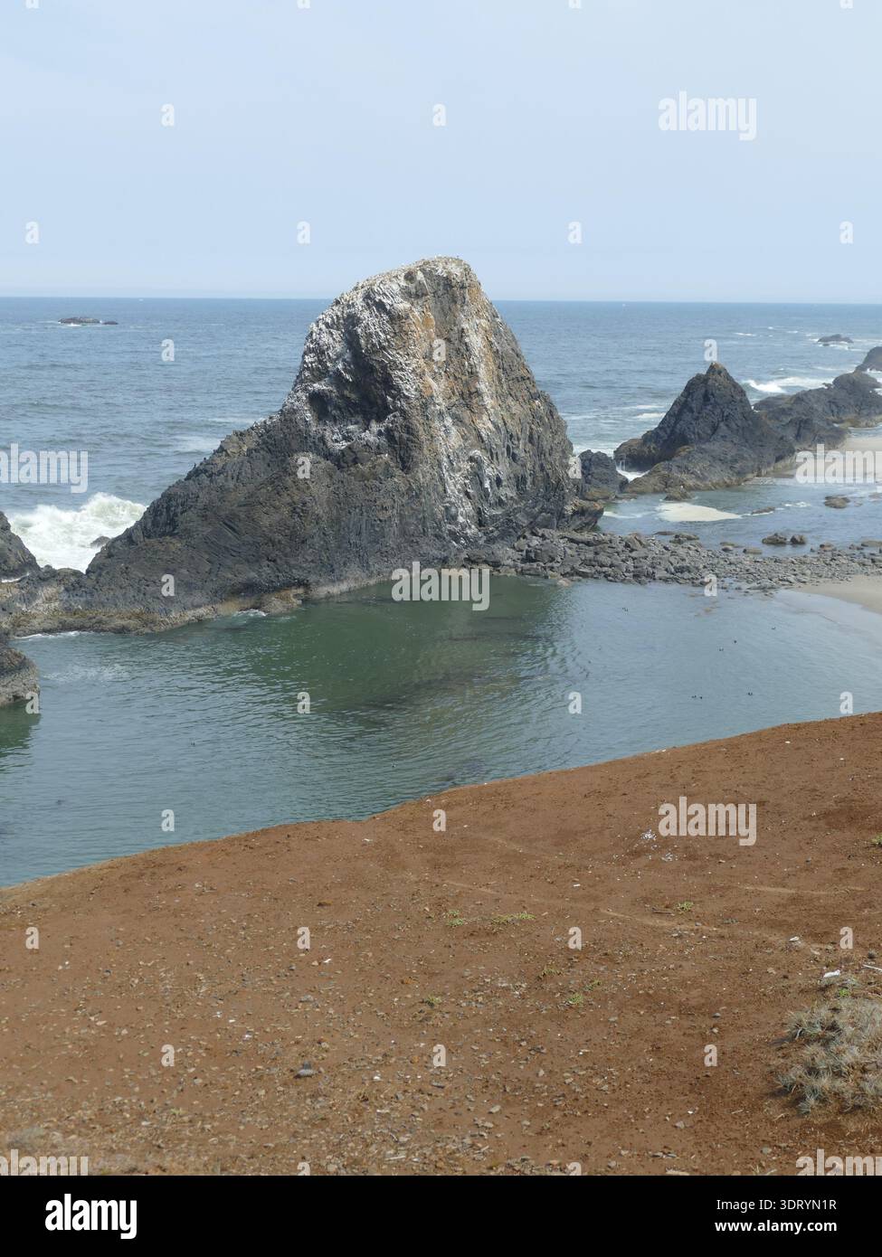 , Seal Rock, vicino a Newport, Oregon Seal Rock che sorge nell'Oceano Pacifico vicino a Newport, Oregon, con acque calme che riflettono il cielo e una spiaggia sabbiosa Foto Stock