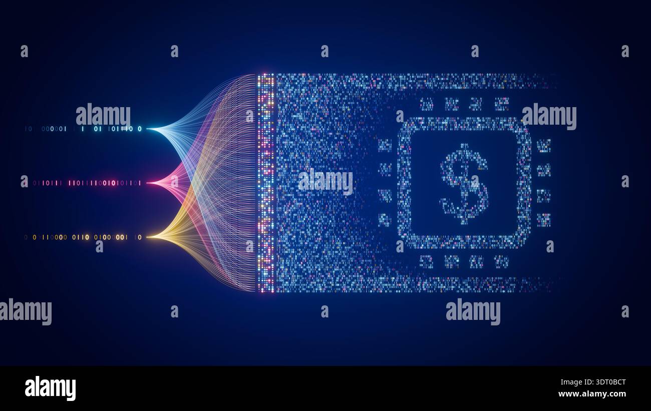 Automazione fintech e flusso di dati DELL'INTELLIGENZA ARTIFICIALE che trasformano la finanza digitale e l'economia globale. Intelligenza artificiale che consente una tecnologia finanziaria innovativa Foto Stock