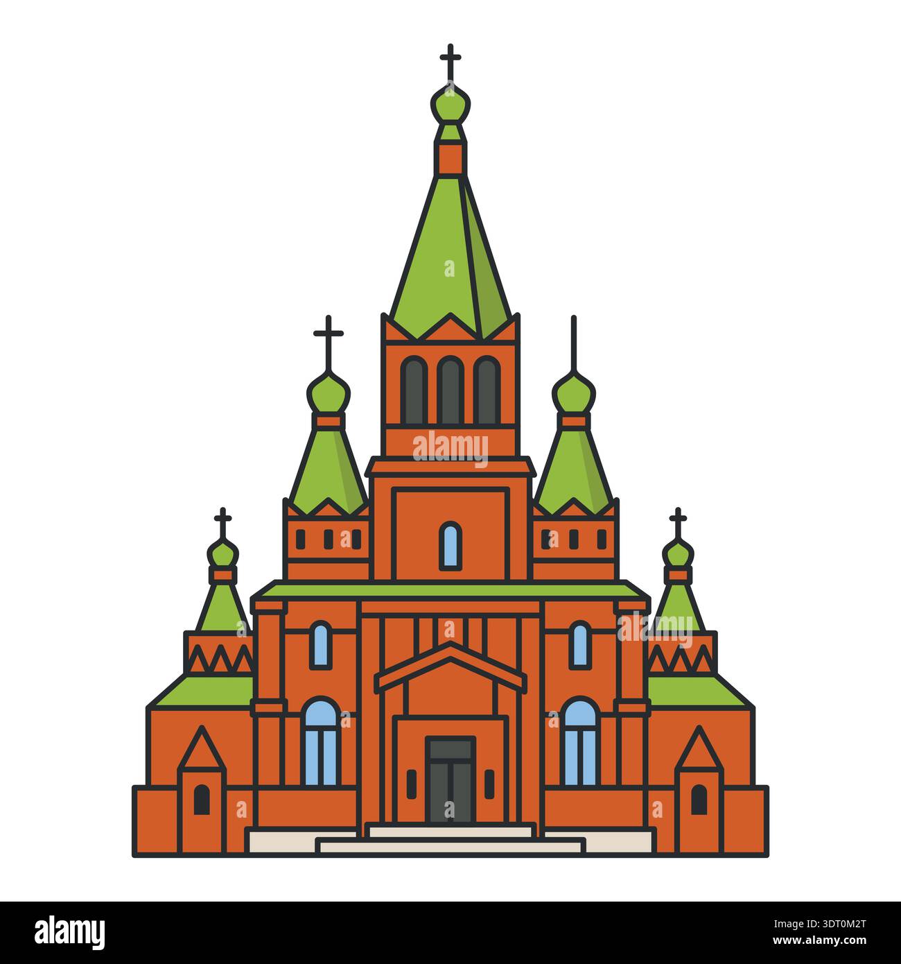 Cattedrale ortodossa con cupole e croci verdi. Storica chiesa in mattoni rossi in stile cartoni animati piatto con un contorno audace. Illustrazione vettoriale. Illustrazione Vettoriale