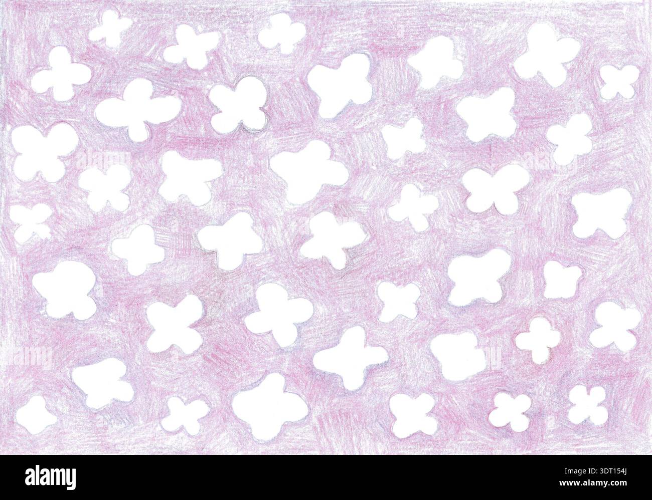 Motivo disegnato a mano senza cuciture con silhouette di fiori bianchi su sfondo viola chiaro. Fiori di varie dimensioni, forma semplice con quattro petali. Fioritura primaverile. Design per bambini, tessuto, carta da parati, carte Foto Stock