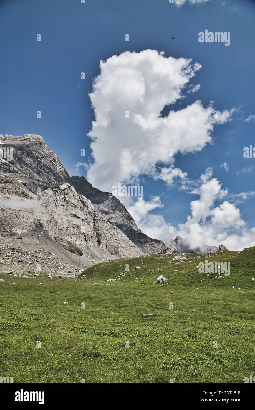 Vista panoramica di Derborence, Svizzera, con montagne maestose e una vegetazione vivace. Foto Stock