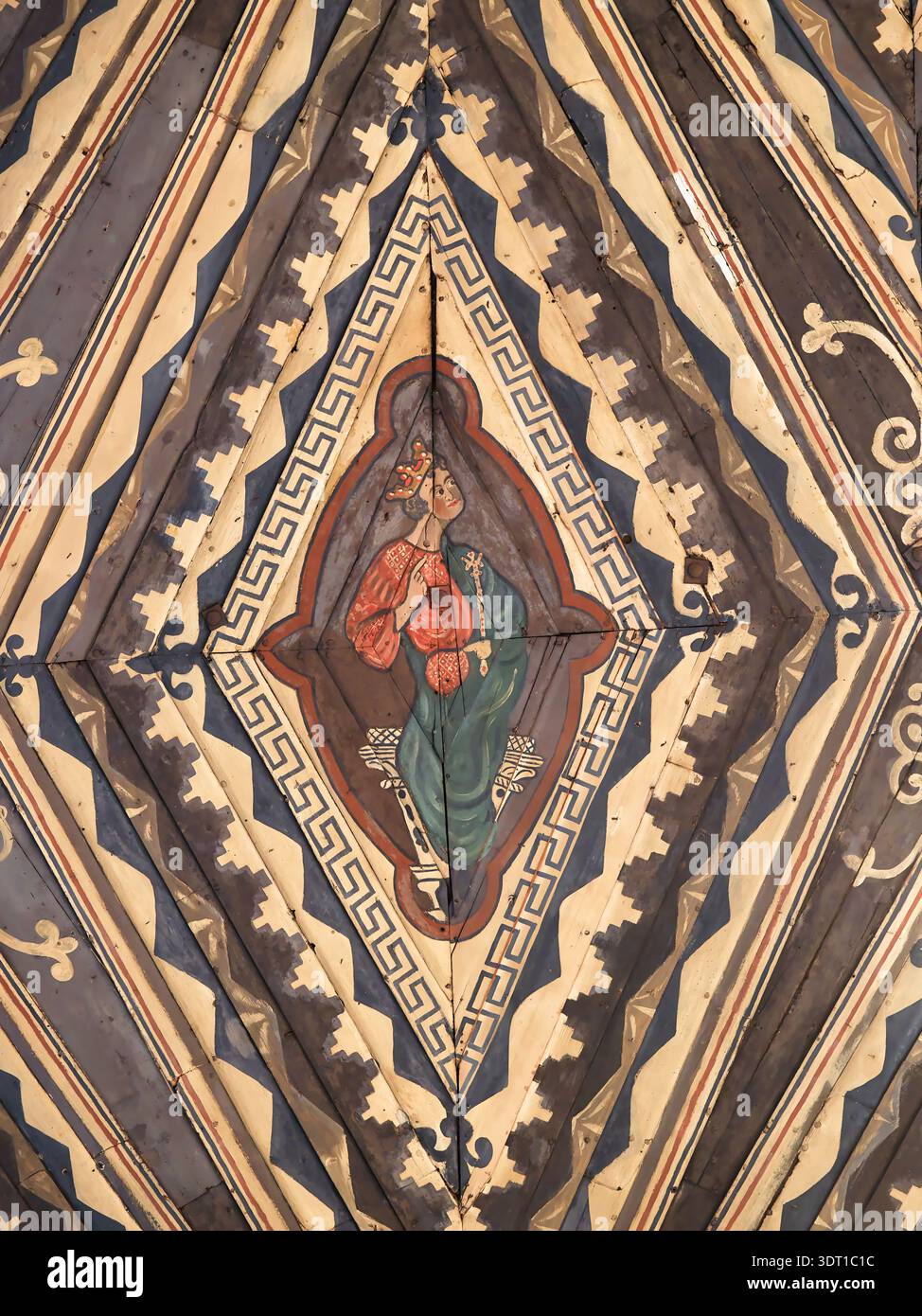 All'inizio del tredicesimo soffitto dipinto, di un re, nella cattedrale di Peterborough, in Inghilterra. Foto Stock