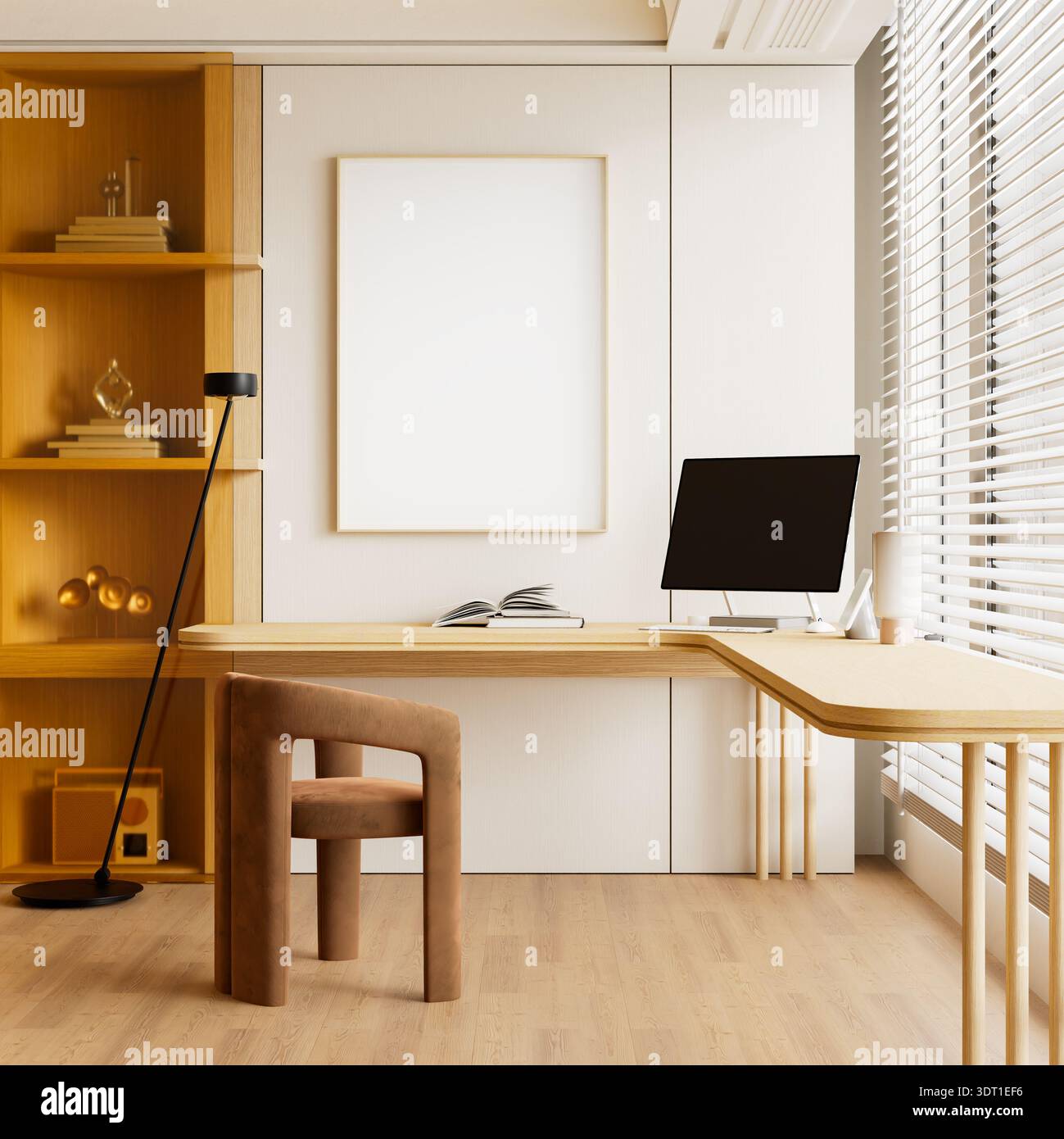 Interni contemporanei con un modello a parete vuoto e un'area di lavoro pulita con un computer desktop per un lavoro moderno da casa e produttività Foto Stock