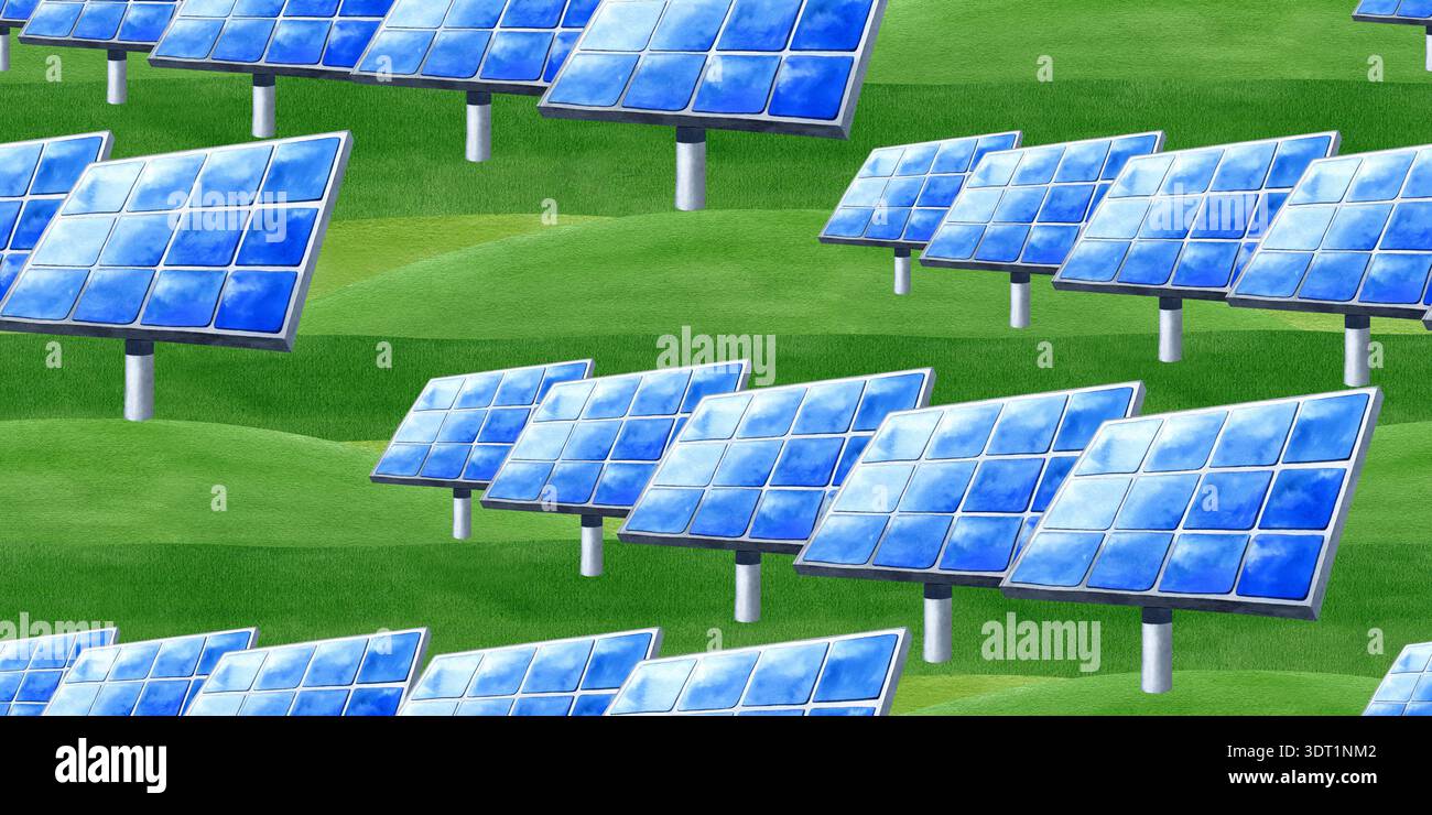 Pannello solare, batteria fotovoltaica su campo motivo senza cuciture, striscione. Energia alternativa del generatore. Risorse energetiche rinnovabili verdi. Acquerello Foto Stock