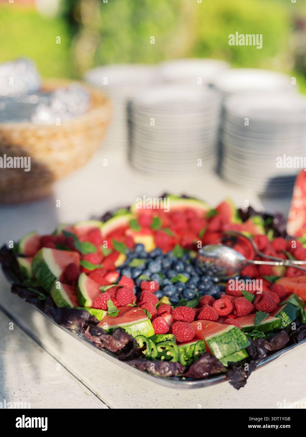 Vassoio di frutta con frutti di bosco freschi e anguria Foto Stock