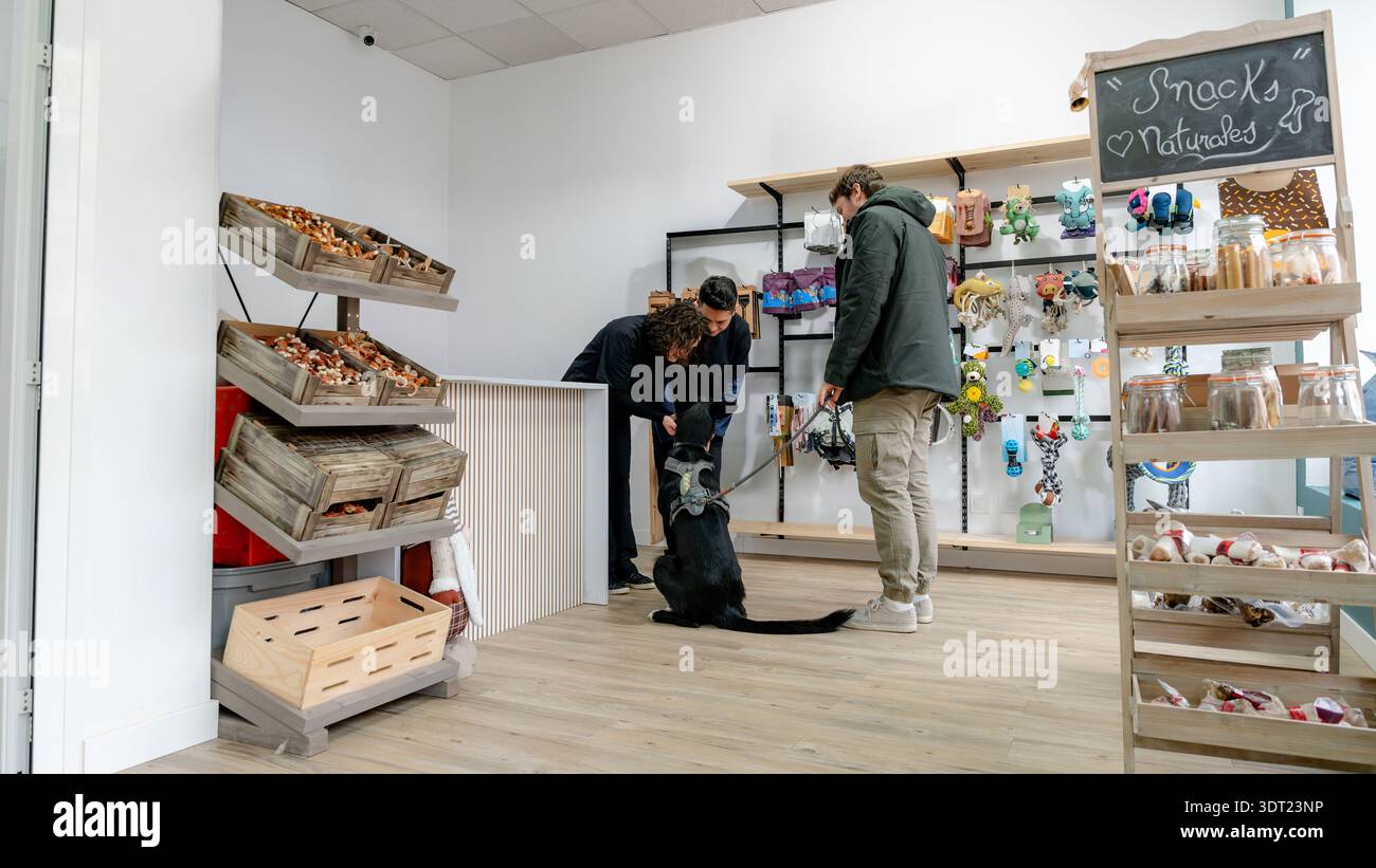 Un salone di cura dei cani con un cliente e un personale che interagiscono con un animale domestico. Gli scaffali espongono dolcetti e accessori per cani. Un ambiente accogliente incentrato su pe Foto Stock