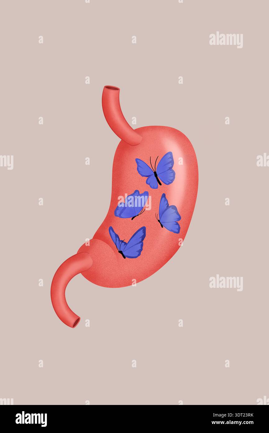 Un'illustrazione creativa di uno stomaco umano con vivaci farfalle blu all'interno, che simboleggia emozioni e sensazioni spesso descritte come farfalle Foto Stock