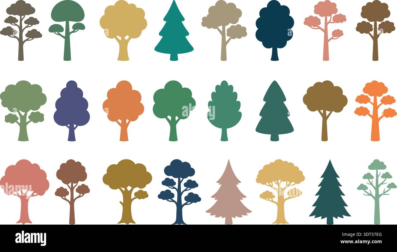 Set vettoriale piatto raccolta icone albero colorato isolato su sfondo bianco Illustrazione Vettoriale