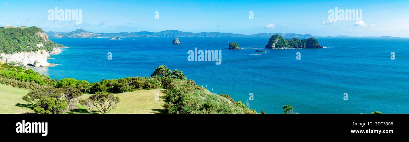 Vista panoramica della riserva marina te Whanganui-A-Hei (Cathedral Cove) (Coromandel, nuova Zelanda), con le sue acque turchesi e le formazioni rocciose Foto Stock