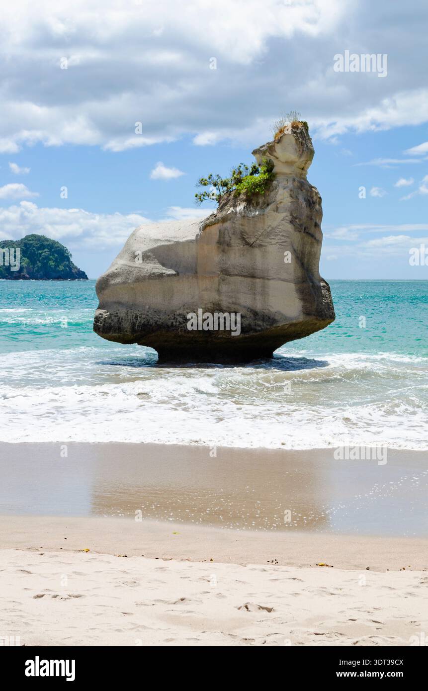 Cathedral Cove presenta la Sphinx Rock, una formazione rocciosa prominente che si erge nell'oceano a Coromandel, nuova Zelanda. Foto Stock