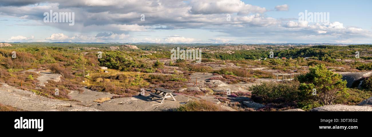 Terreno di granito roccioso con arbusti, sentiero e tavolo da picnic presso il punto panoramico costiero di Hamburgö a Bohuslän, contea di Västra Götaland, Svezia Foto Stock