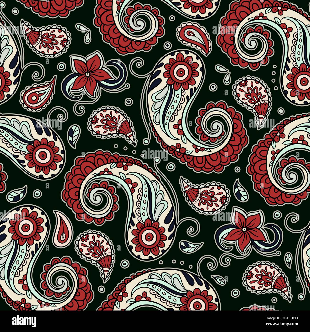 Motivo vintage Paisley batik con motivi floreali Swirls senza cuciture ornamenti decorativi etnici Boho in stile bohémien Illustrazione Vettoriale