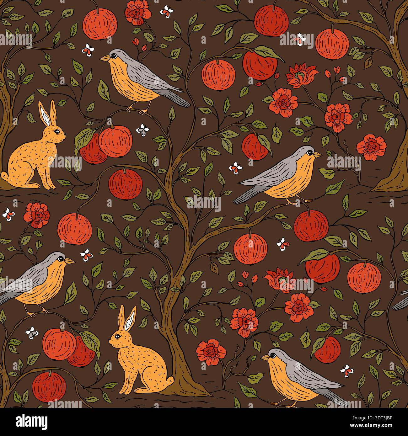 Stravagante bohémien Boho Garden Seamless Pattern con coniglio uccello Apple Fruit Tree Fiore in fiore e viti decorative Illustrazione Vettoriale