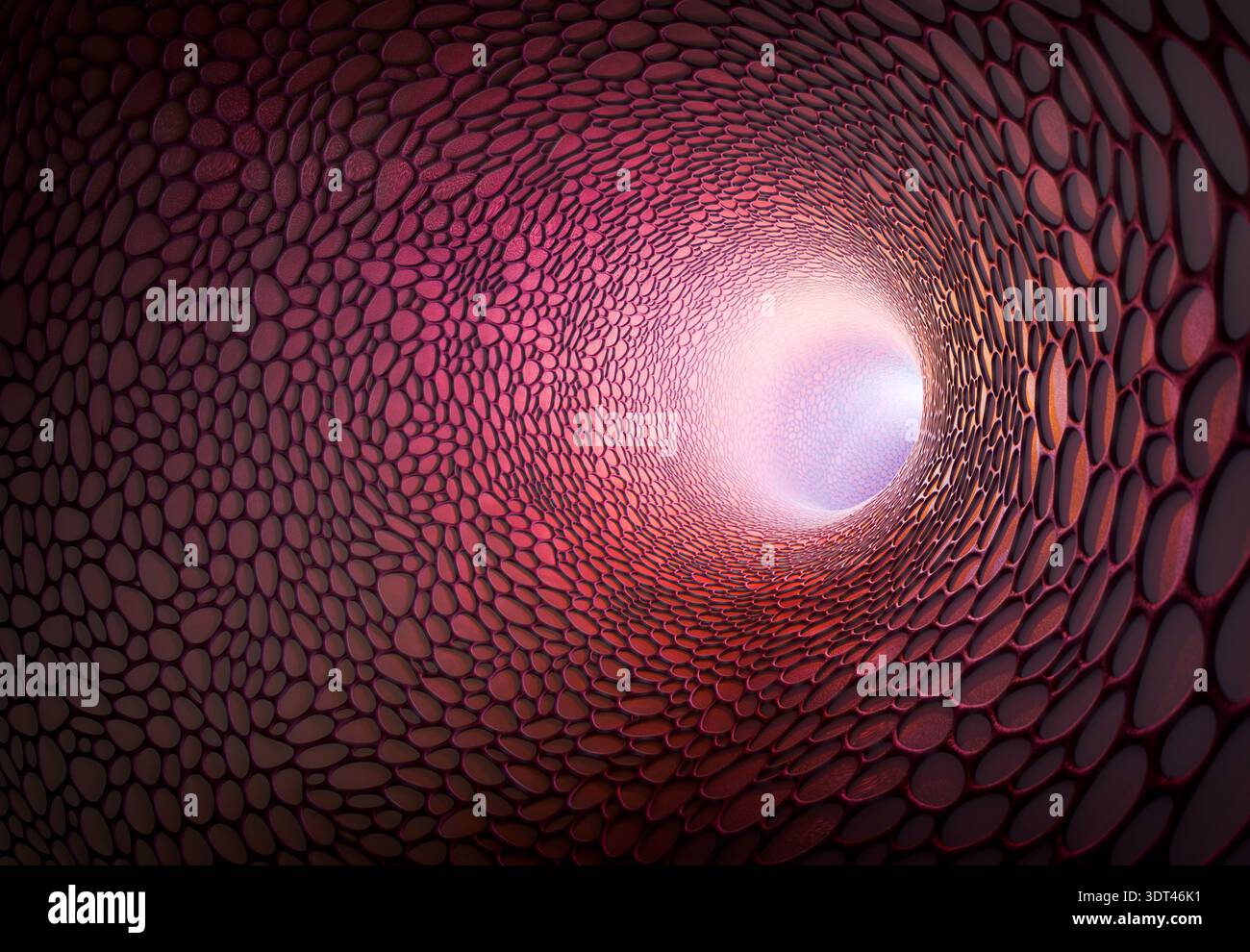 Rendering 3D della struttura astratta del tunnel del nanocarbonio con superficie rossa futuristica Foto Stock