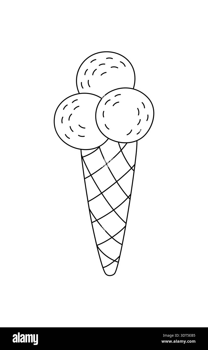 Delizioso paletta per gelato con cono per cialde contorno semplice illustrazione disegnata a mano, elemento per il cibo a doodle per la pagina da colorare, decorazione del menu Illustrazione Vettoriale